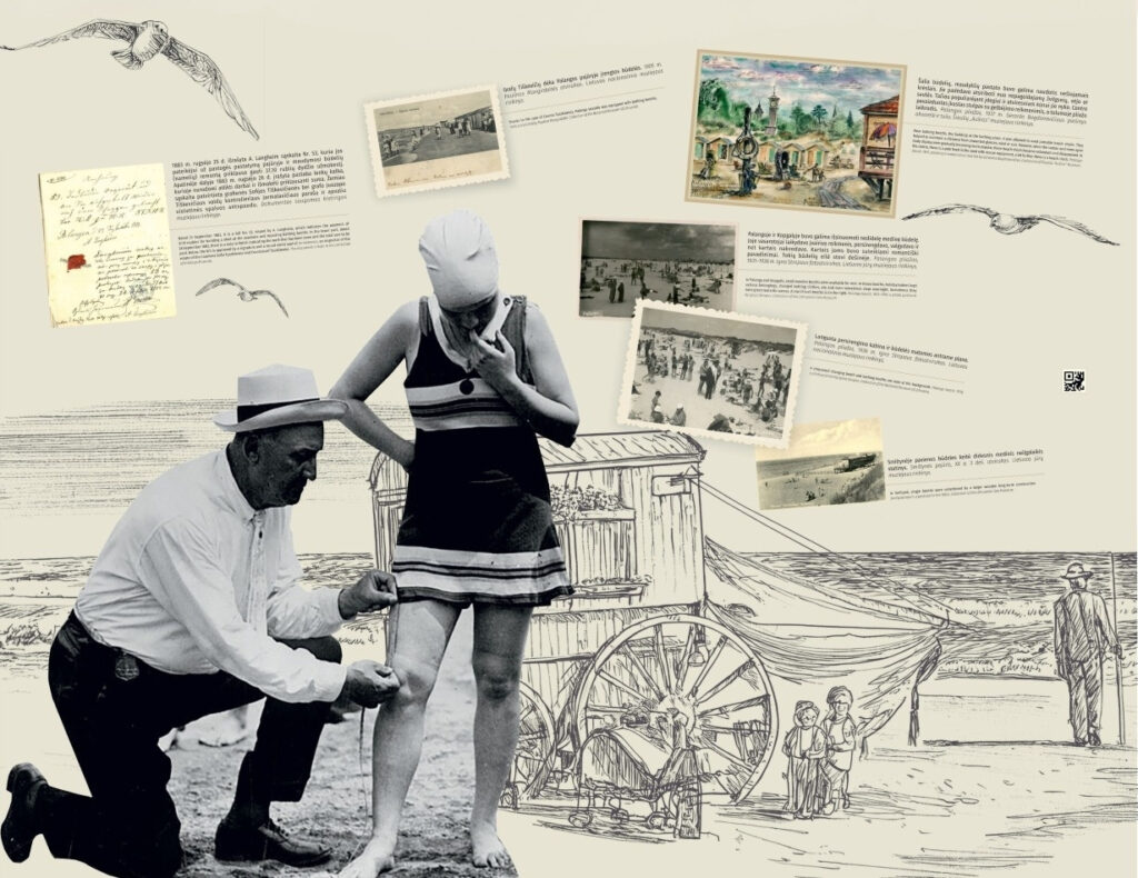 Paplūdimiuose buvo matuojamas ir sijonėlio ilgis. Parodos stendas, dizainas – „Klemencov group“.